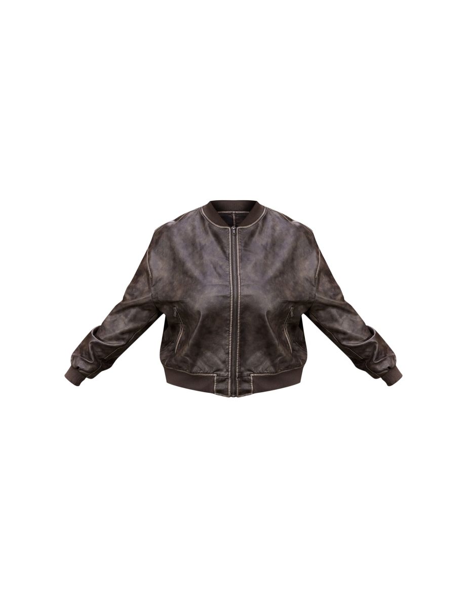 Plus Brown Distressed Faux Leather Bomber Jacket - 4