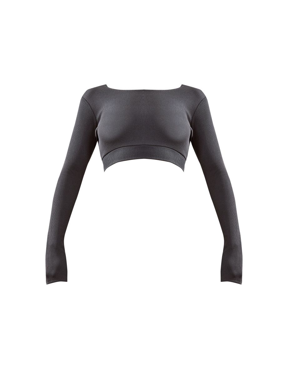 Charcoal Stretch Rib Long Sleeve Open Back Crop Top - 4
