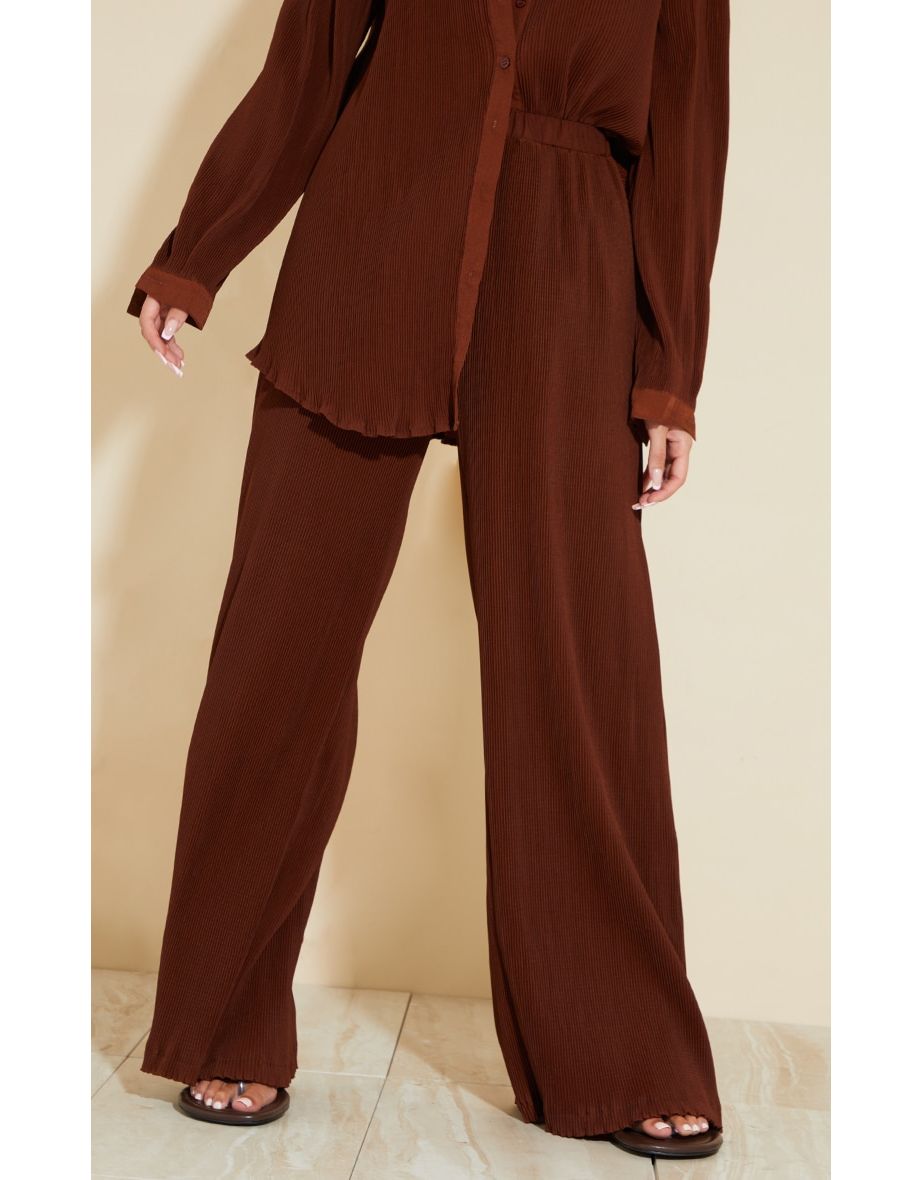 Chocolate Brown Plisse High Waisted Wide Leg Trousers