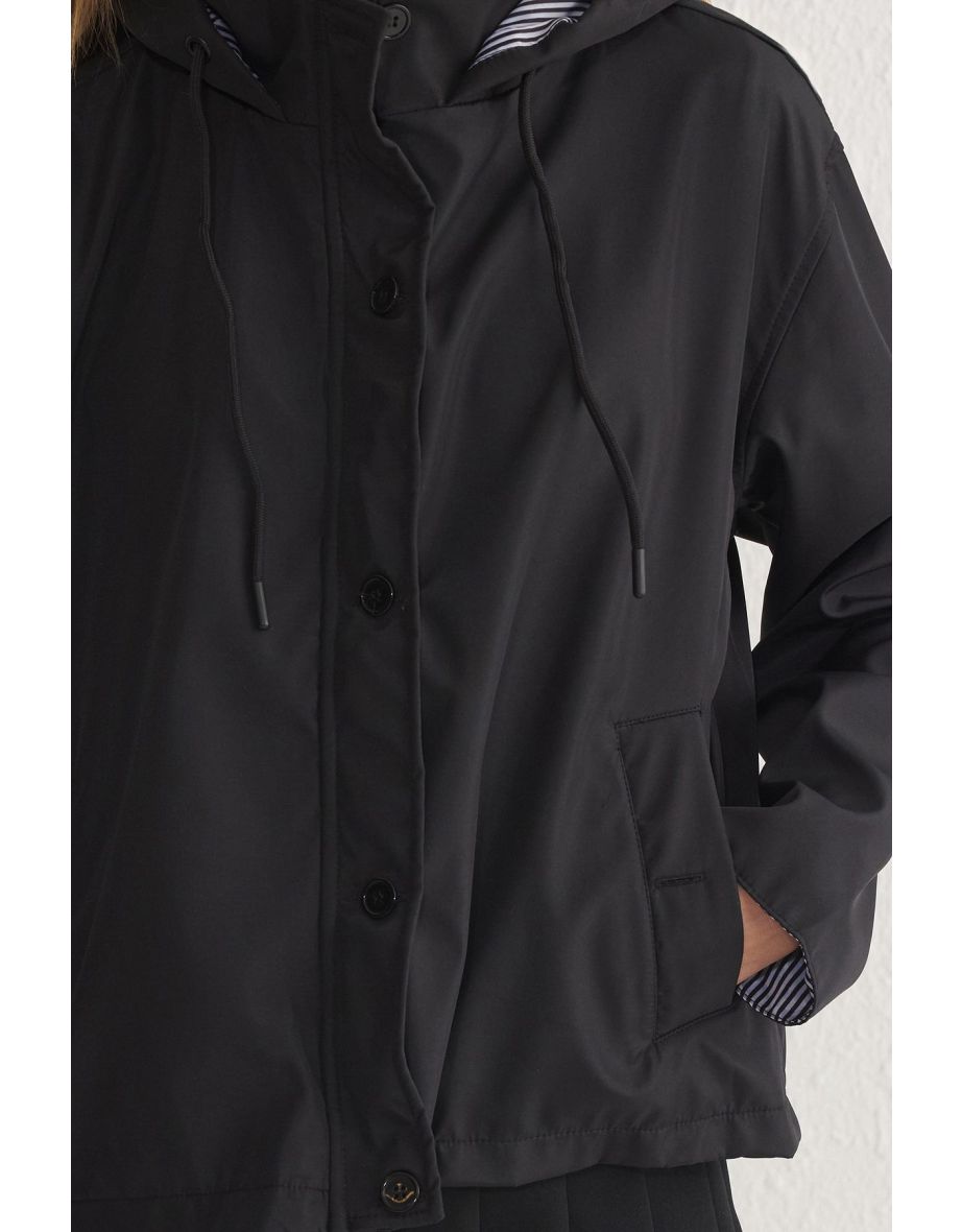 Black Oversize Striped Lined Short Raincoat - 9