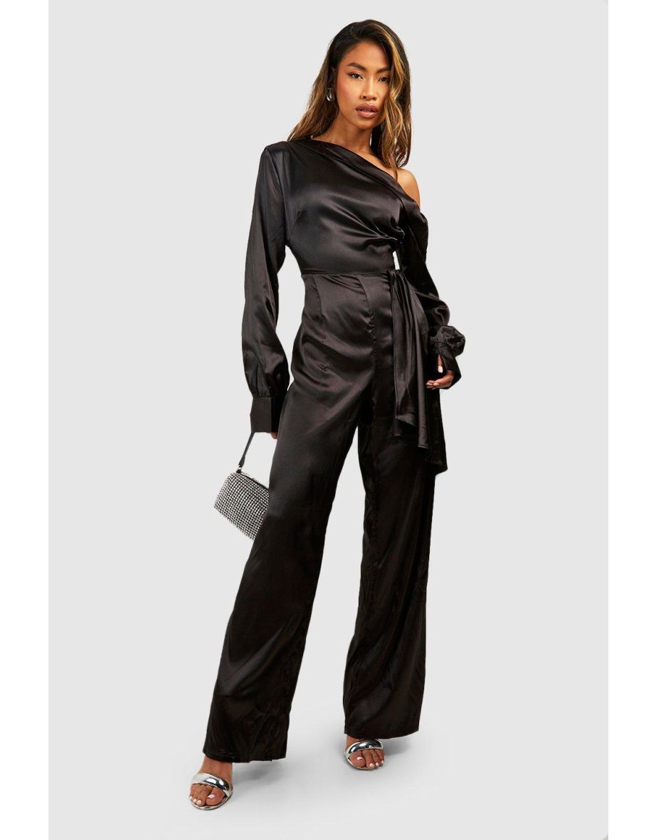 Satin One Shoulder Wide Leg Jumpsuit - black