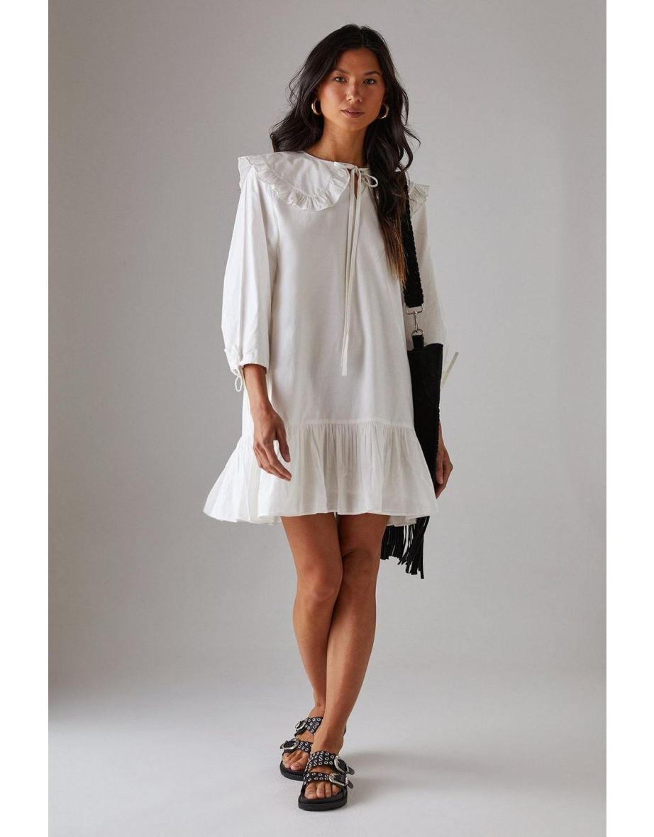 Poplin Oversized Collar Tie Detail Mini Smock Dress