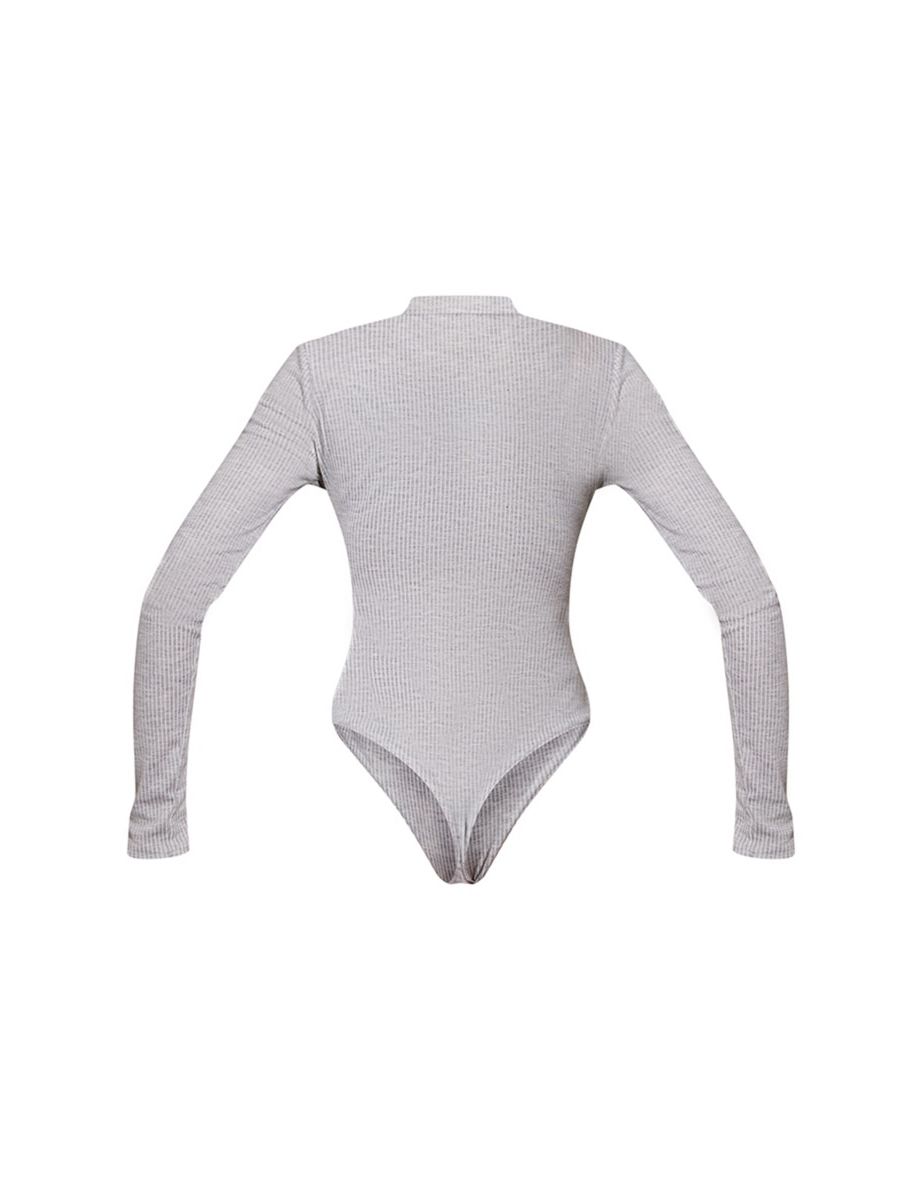Light Grey Wide Two Tone Rib Half Zip Bodysuit - 4