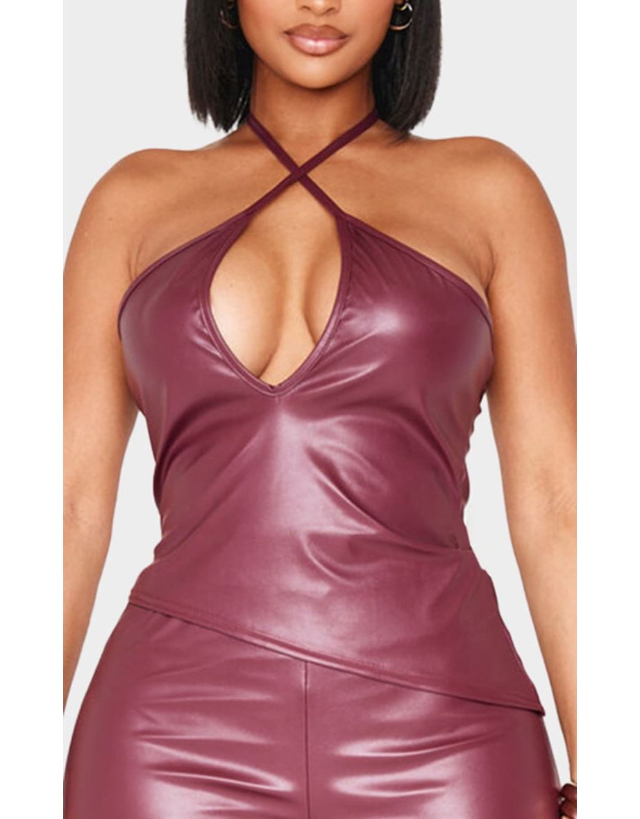 Shape Burgundy Faux Leather Halter Neck Top - 2