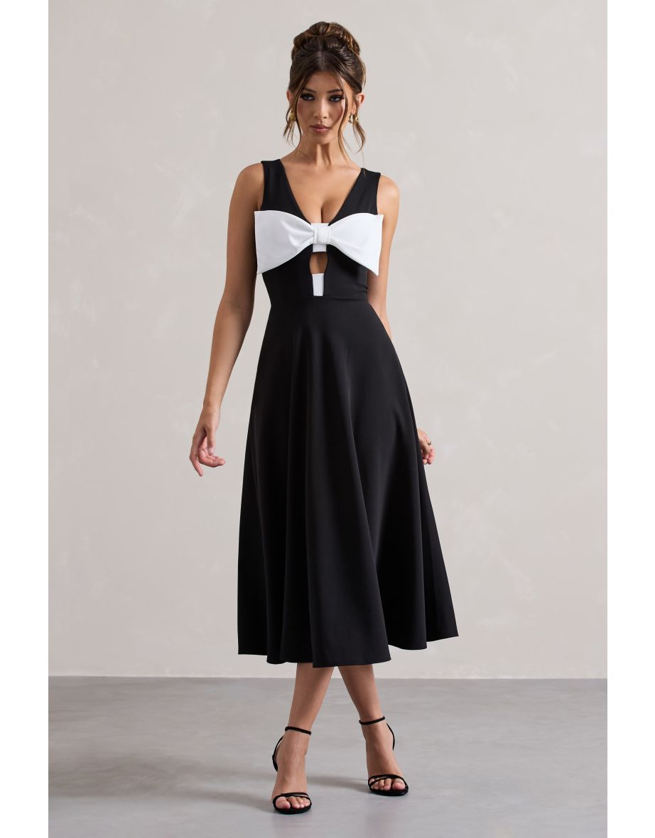 Primrose | Black Plunge-Neck Midi Dress With White Bow