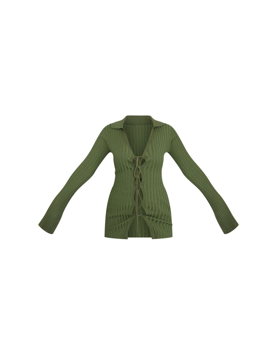 Khaki Knit Rib Lace Front Longline Cardigan - 4