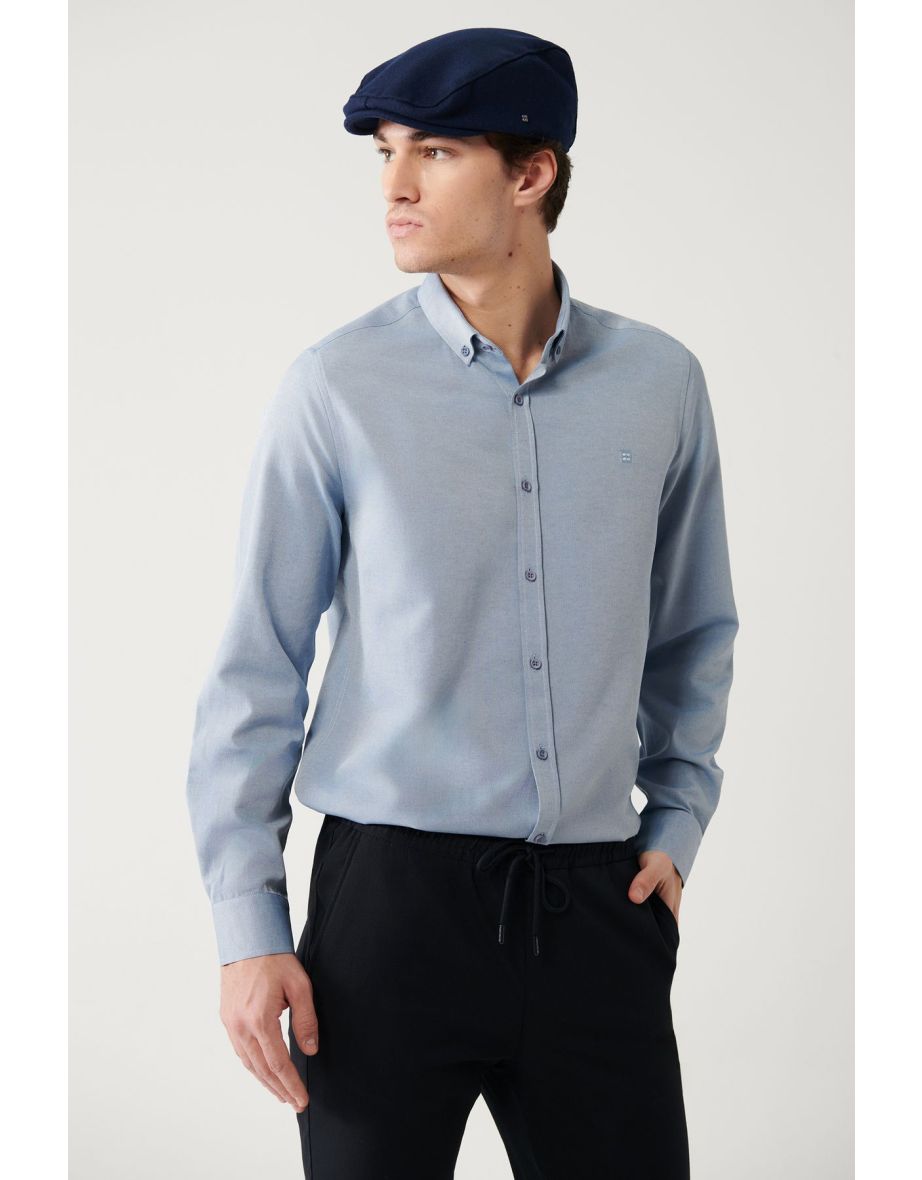 Men's Dark Blue Buttoned Collar Easy Ironable Oxford Cotton Regular Fit Shirt