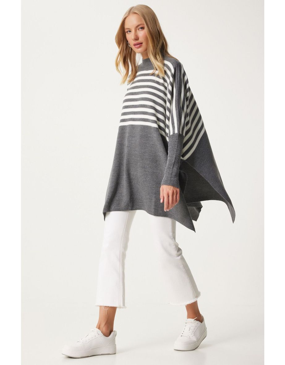 Women's Gray Striped Side Slit Oversize Poncho Sweater