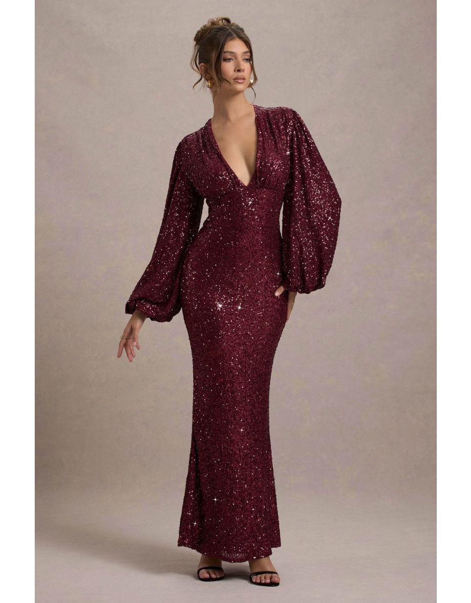 Kaelin | Berry Sequin Plunge-Neck Maxi Dress