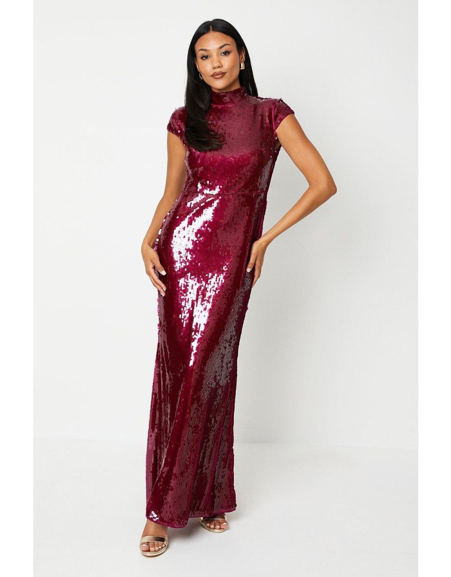 Clear Sequin Cap Sleeve High Neck Gown
