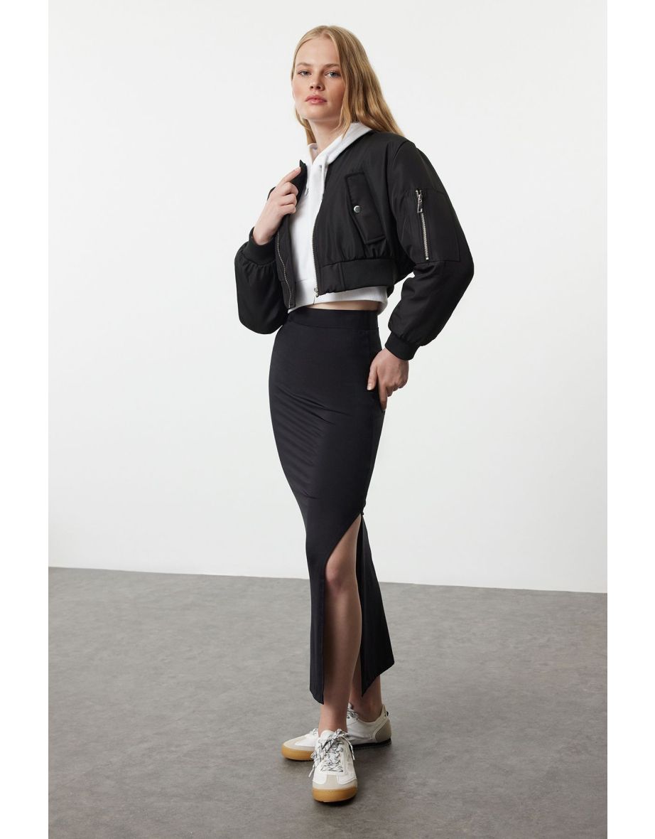 Black Polyamide Straight Slit Pencil/Fitting Midi Skirt