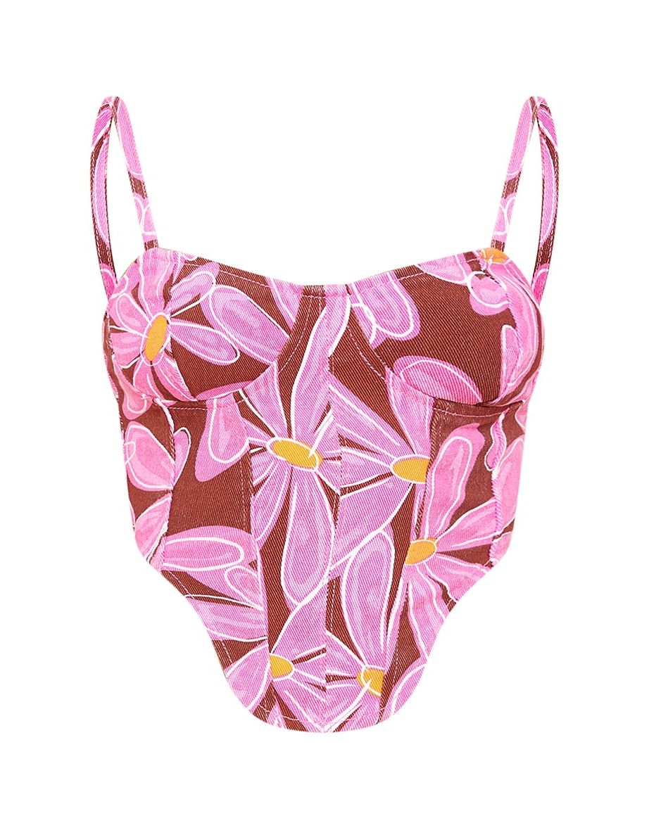 Pink Dipped Hem Flower Print Denim Bralette - 4