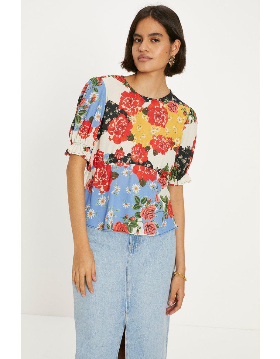 Short Sleeve Floral Print Tea Blouse