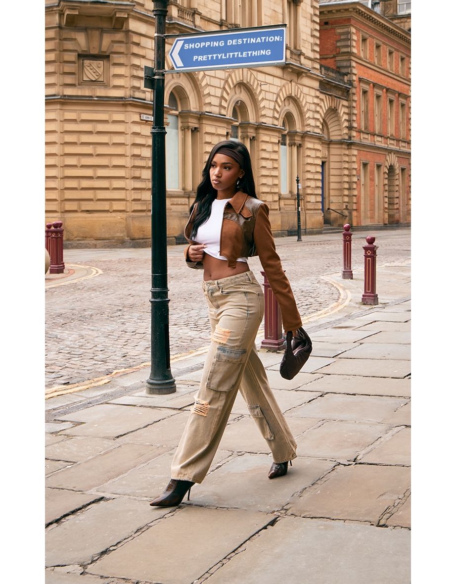Brown Faux Suede Contrast Faux Leather Western Look Cropped Jacket
