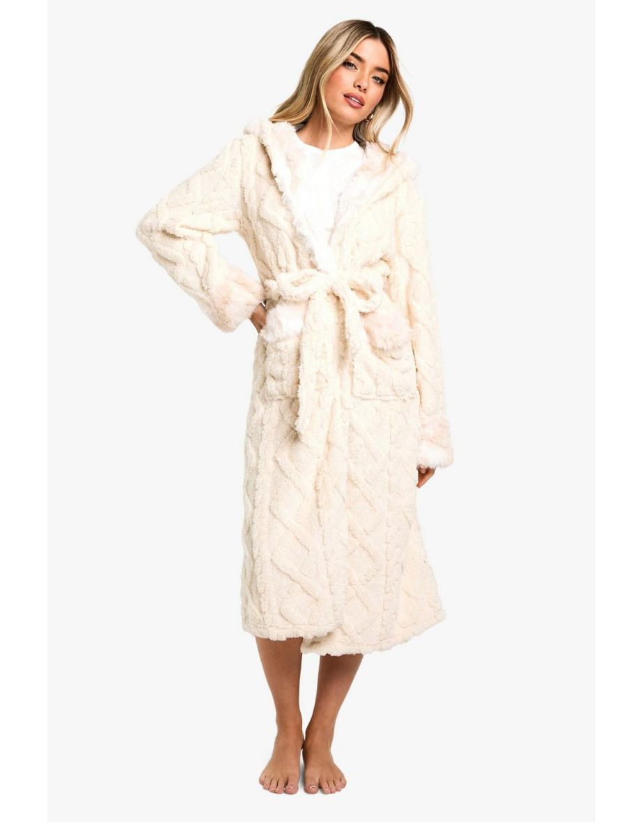 Cable Sherpa With Faux Fur Trim Hooded Robe