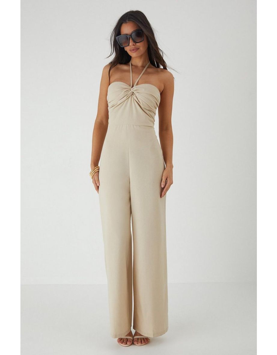 Linen Look Twist Halter Neck Jumpsuit