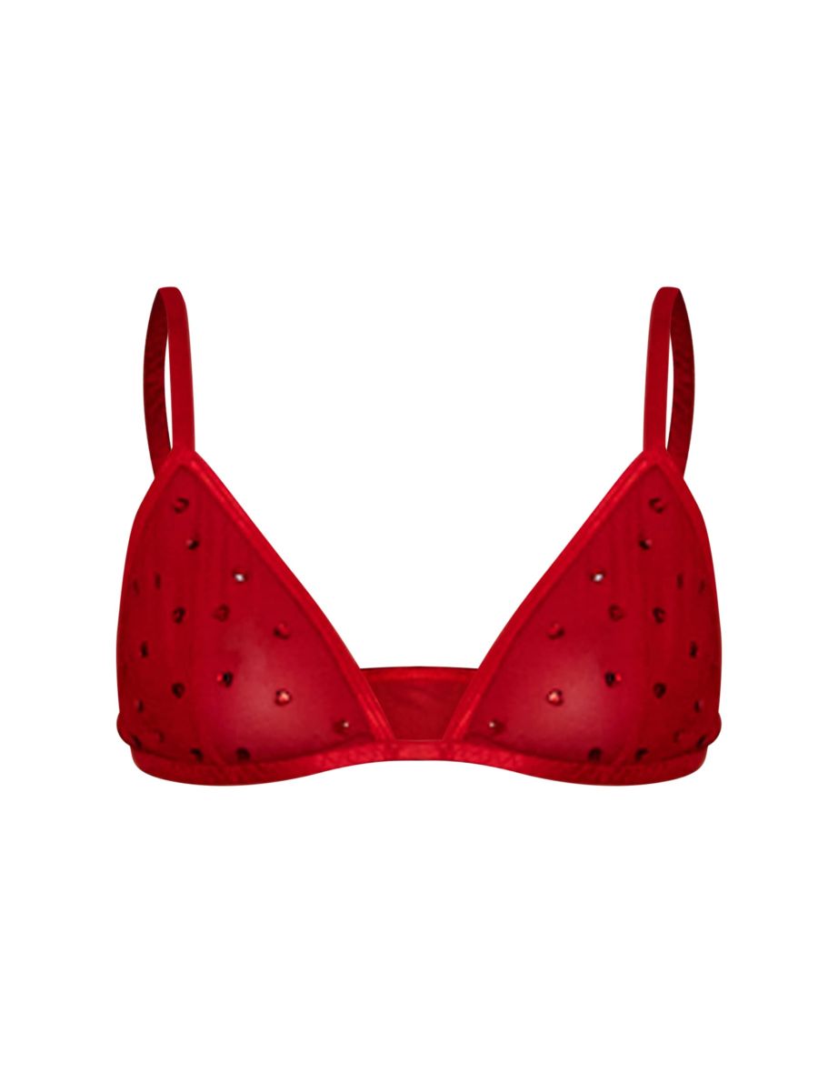 Red Mesh Diamante Heart Triangle Bra - 3