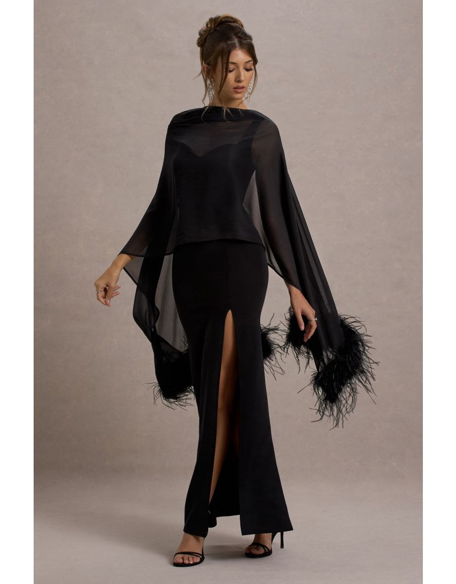 Swoon | Black Chiffon Feather-Trim Shawl
