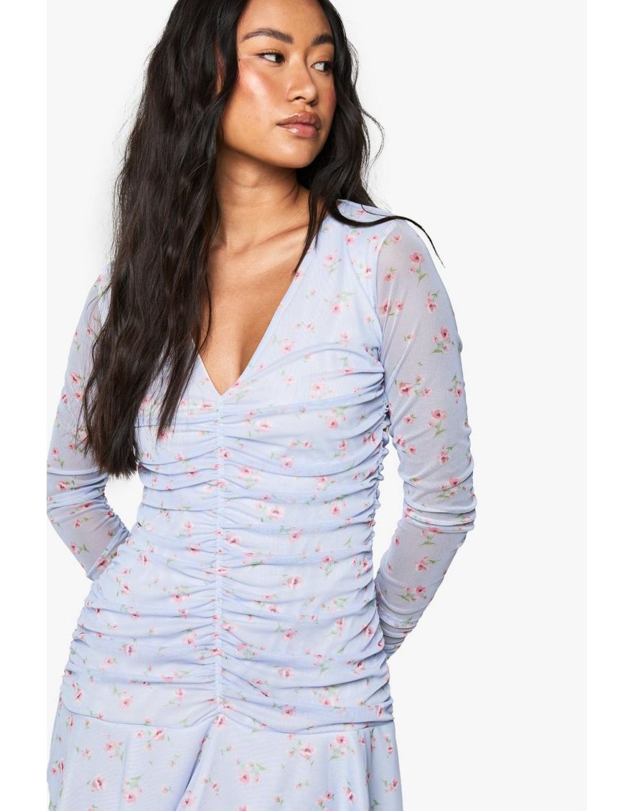 Petite Ruched Plunge Long Sleeve Floral Skater Dress - pastel blue - 3