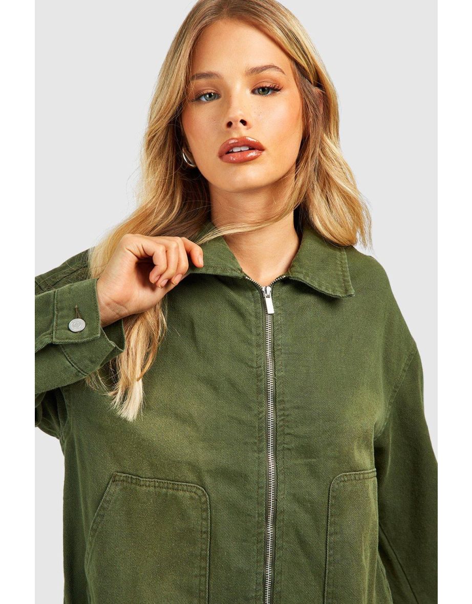 Sandblast Zip Through Denim Jacket - khaki - 3