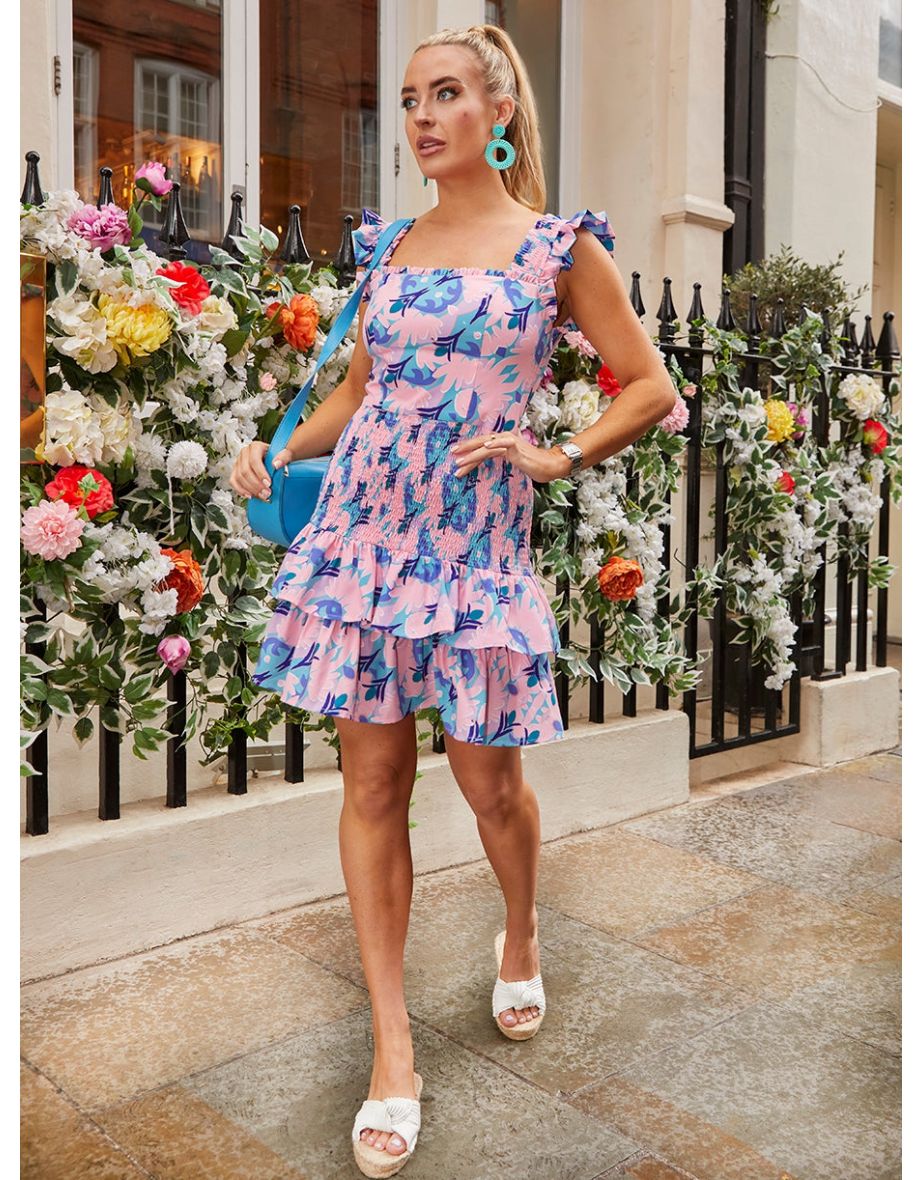 Abstract Print Shirred Mini Dress in Pink - 4