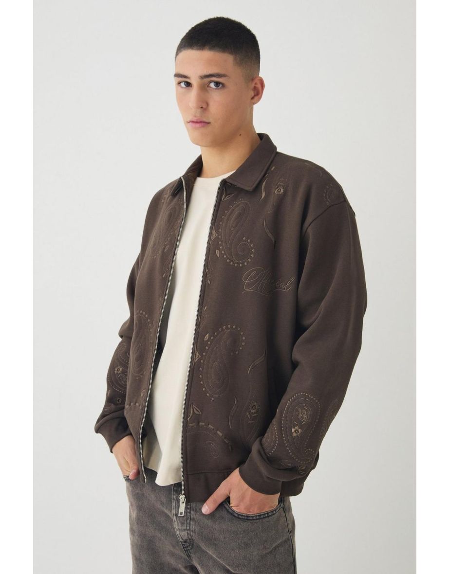 Oversized Embroidered Paisley Harrington Jacket - brown