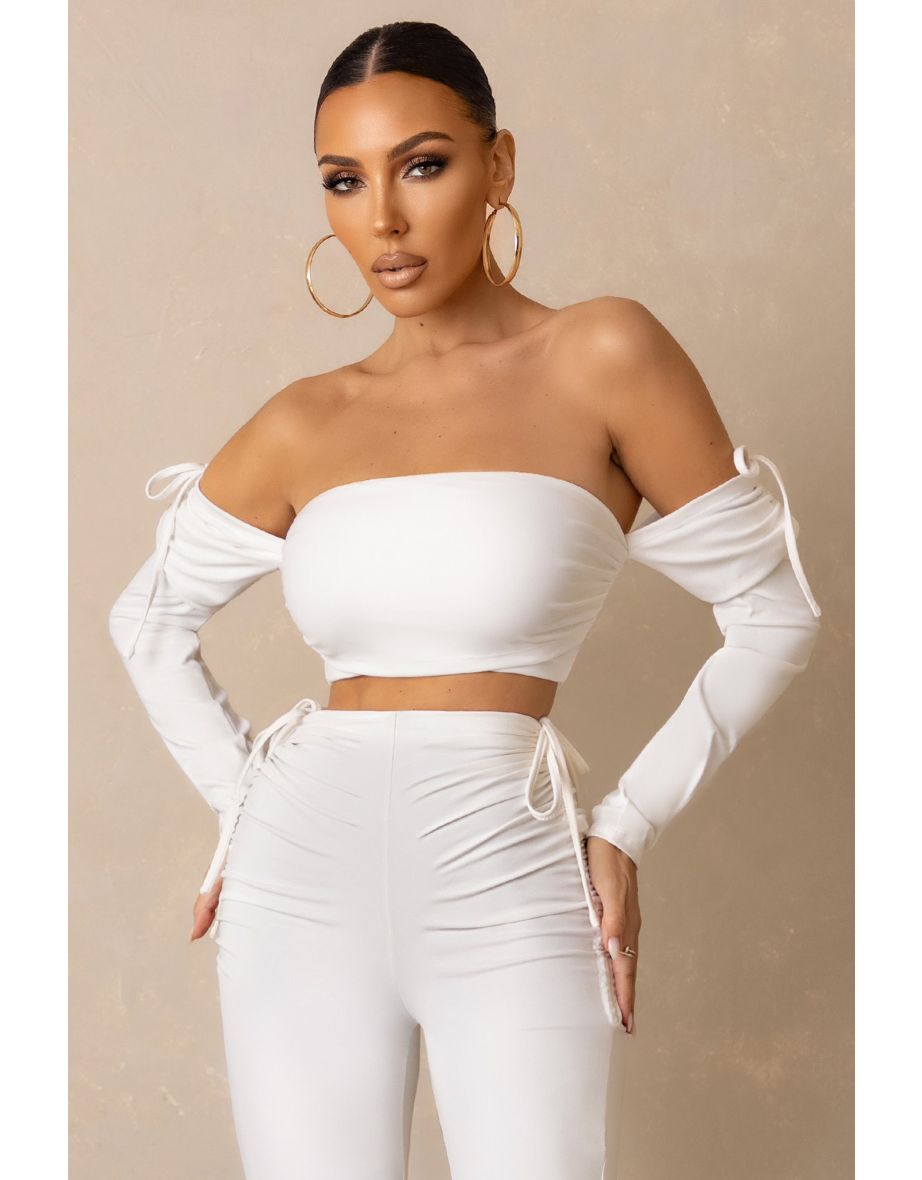 Off White Ruched Detail Bardot Crop Top - 3