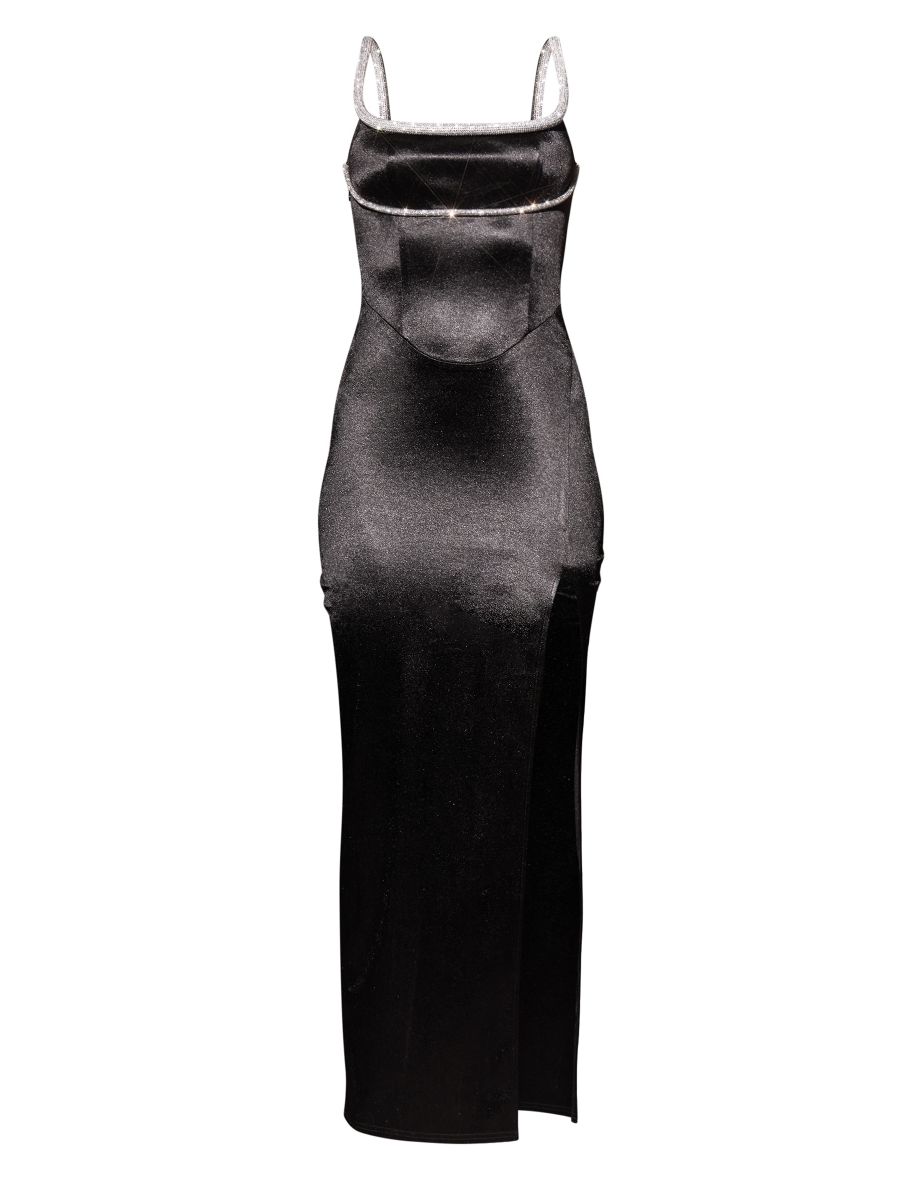 Black Diamante Strap Detail Satin Slit Maxi Dress - 4