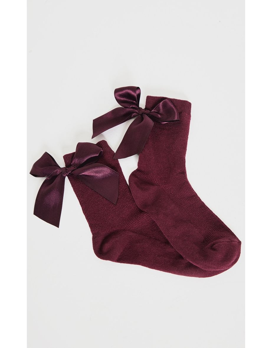 Burgundy Satin Bow Ribbed Ankle Socks - 2