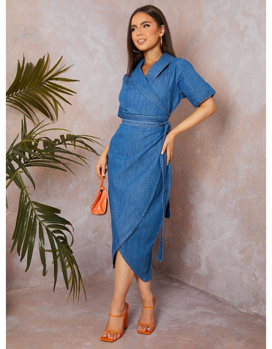 Short Sleeve Denim Wrap Midaxi Dress in Blue