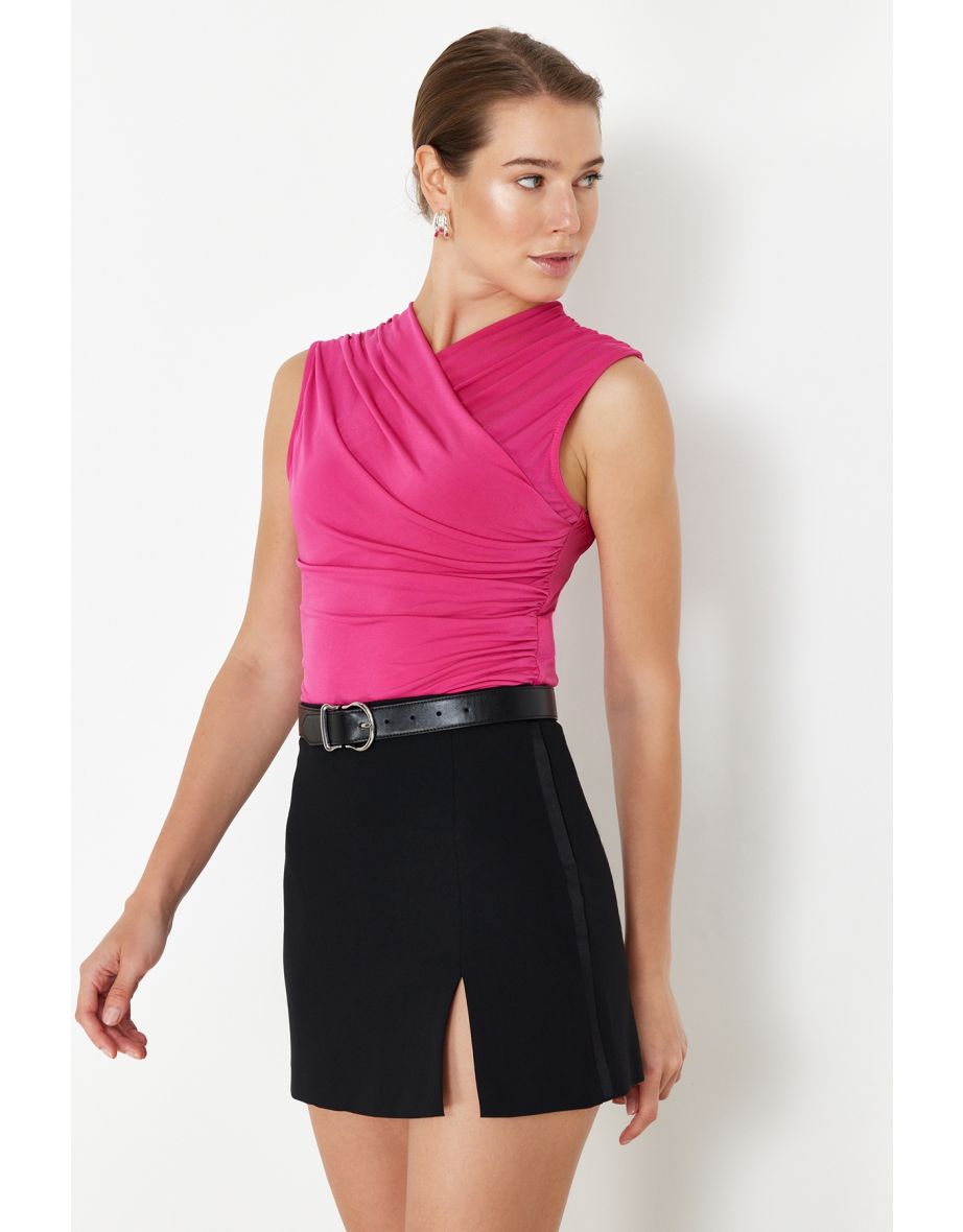 Fuchsia Fitted Gathered Detailed Sleeveless Stretch Knitted Blouse