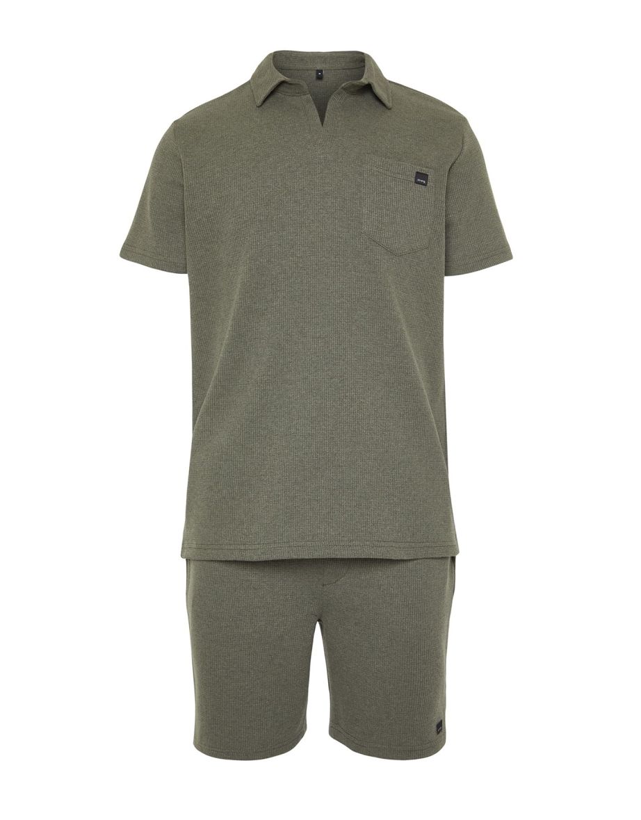 Khaki Men's Regular/Normal Fit Polo Neck Labeled T-Shirt Shorts Tracksuit Set - 8