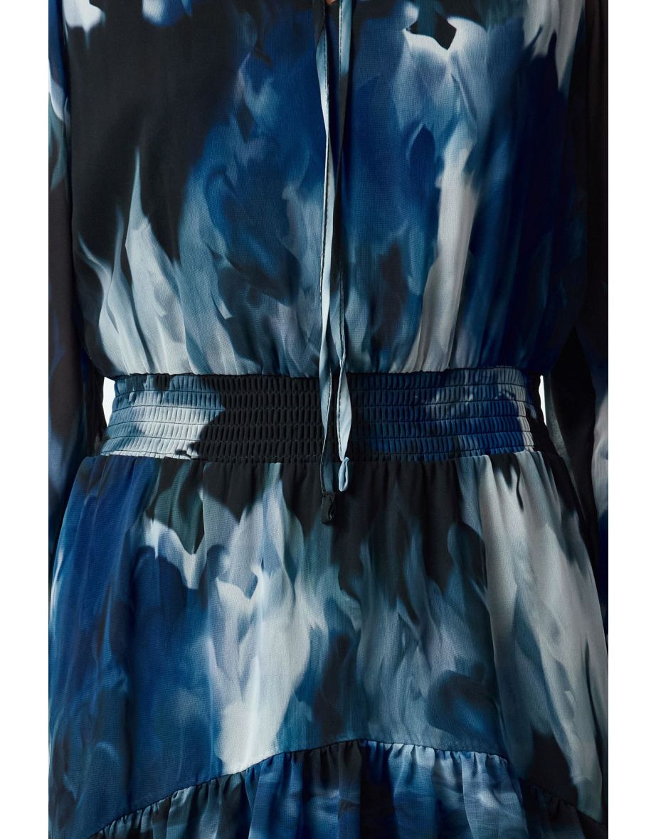 Blue Shawl Pattern Skater Ruffle Midi Woven Dress - 4