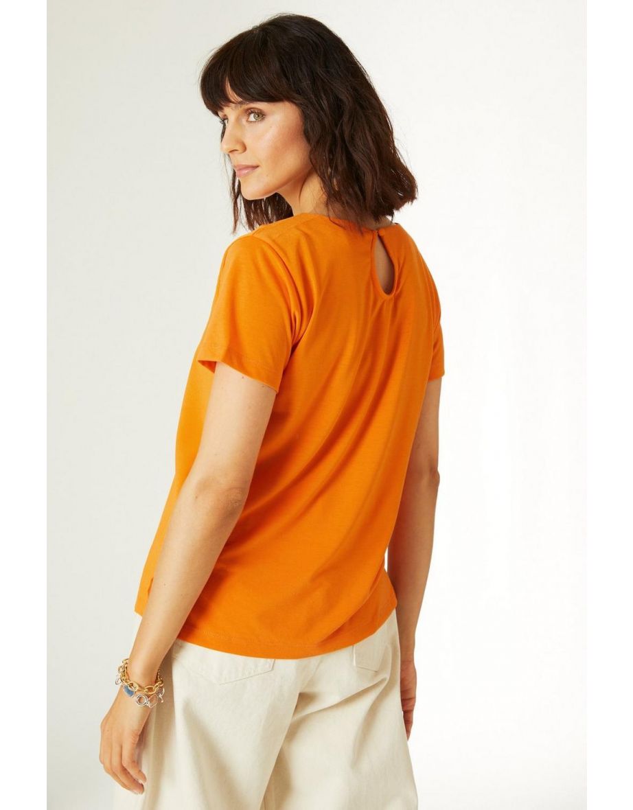 Woven Front Jersey Back Lace Trim Top - orange - 3