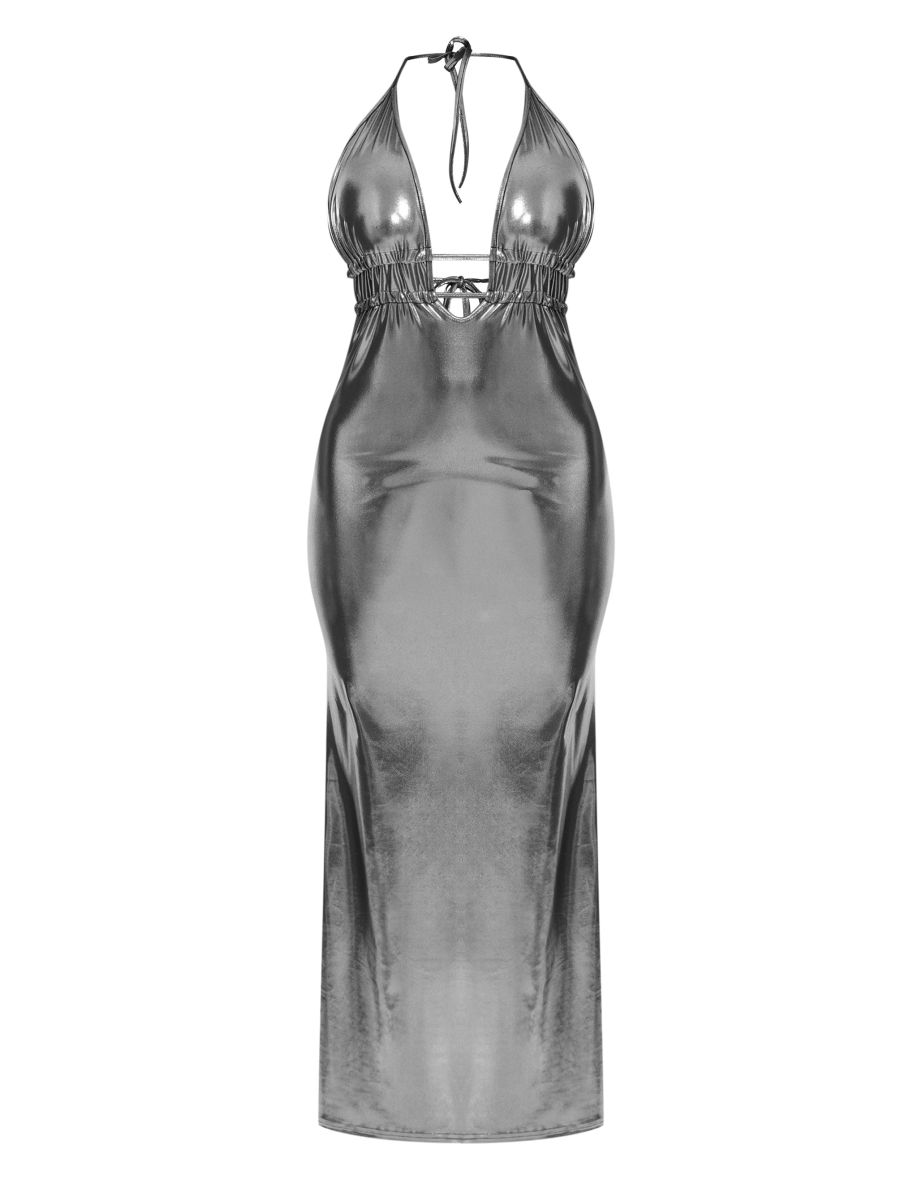 Shape Black Metallic Wet Look Plunge Front Halter Neck Maxi Dress - 4