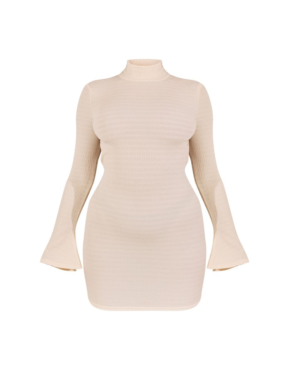 Cream Textured High Neck Open Back Mini Dress - 4