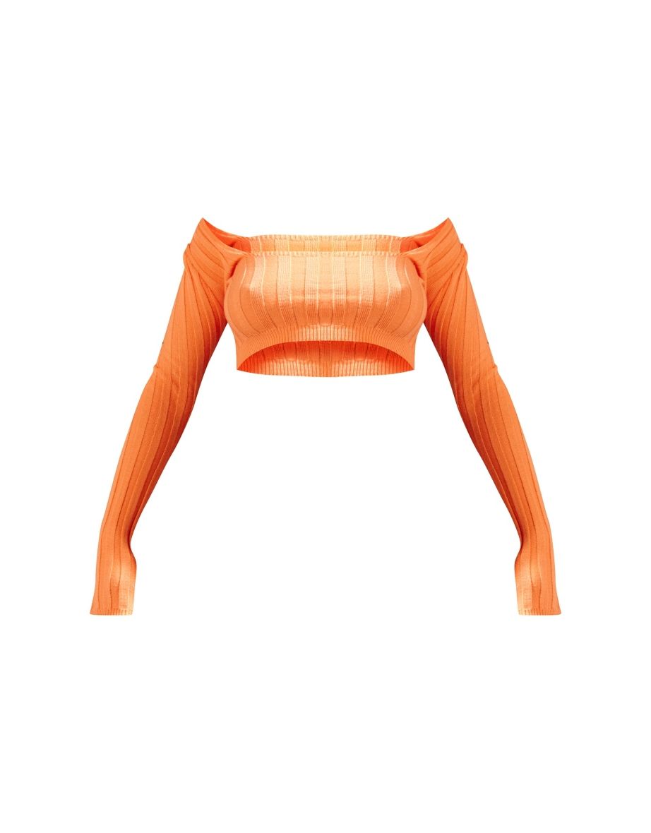 Orange Wide Rib Knit Square Neck Top - 4
