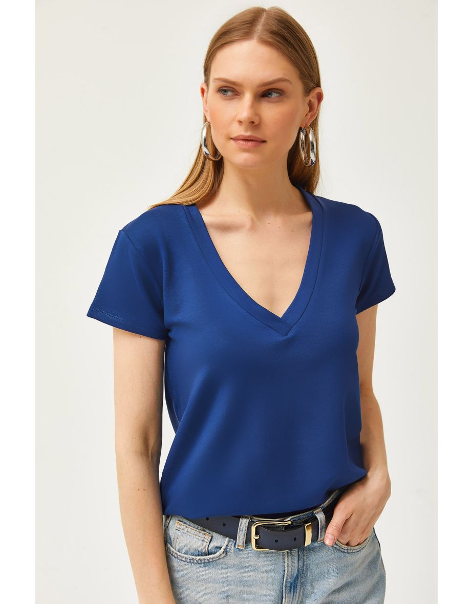 Women's Navy Blue Deep V-Neck Modal Button T-Shirt