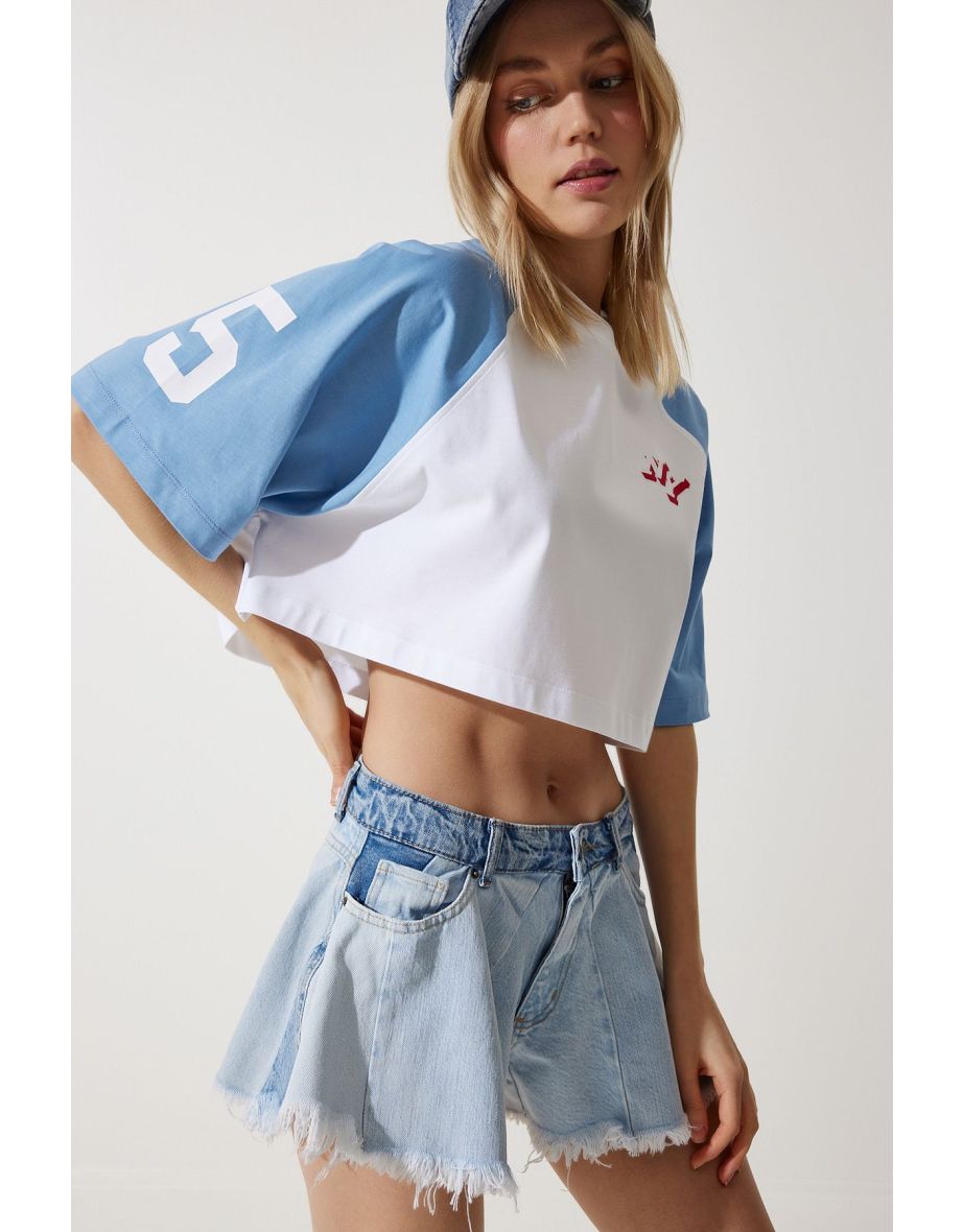 Women's Ice Blue Tasseled Mini Denim Shorts