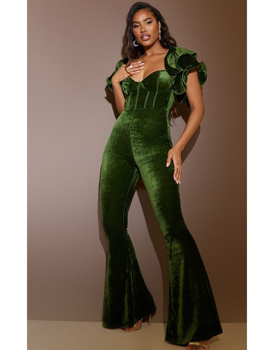 Shop Olive Velvet Lace Up Back Frill Sleeve Jumpsuit Online in Bahrain VogaCloset