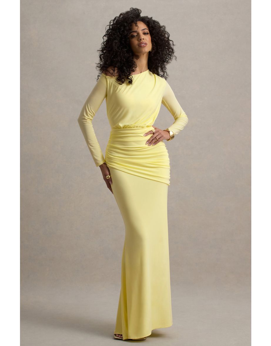 Deanna | Lemon Asymmetric Long-Sleeve Ruched Maxi Dress