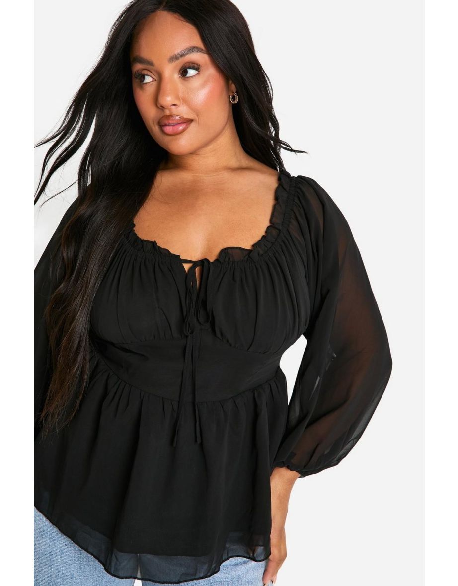 Plus Long Sleeve Bardot Peplum Top - black - 3