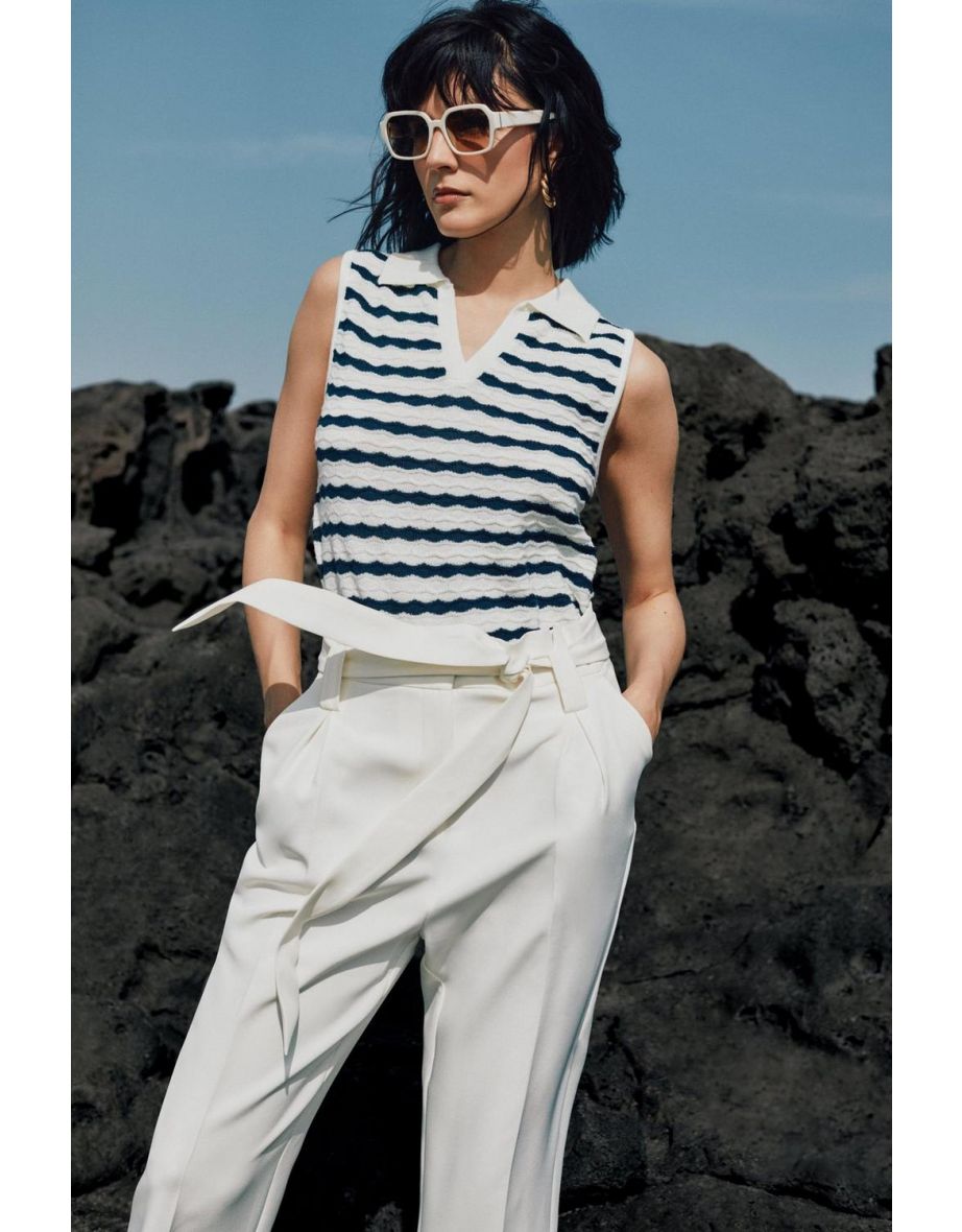 Belted Paper Bag Tailored Trouser - ivory