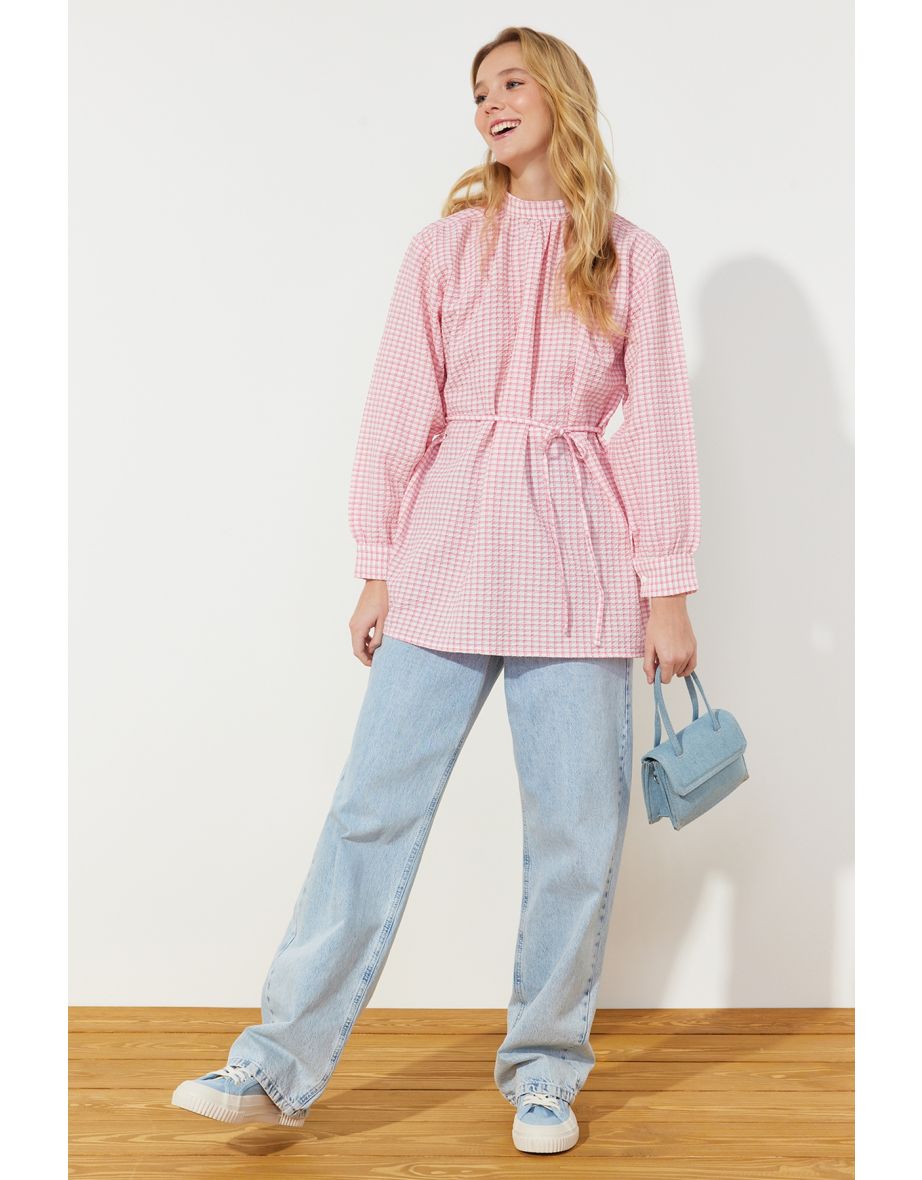 Pale Pink Belted Woven See-through Plaid Tunic