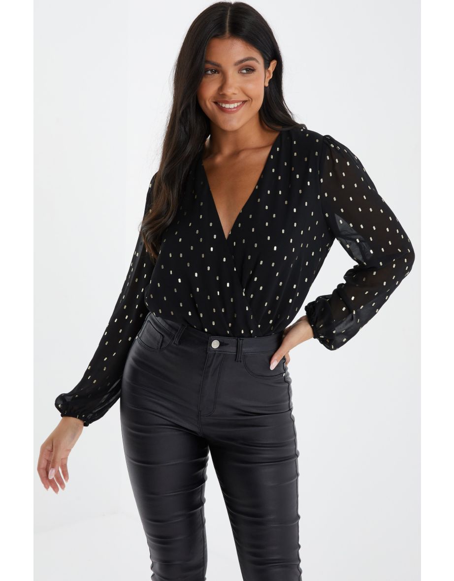 Quiz Black Chiffon Foil Wrap Bodysuit