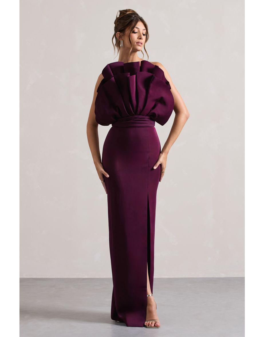 Shop Set The Bar | Plum Ruffled Strapless Split Maxi Dress Online in ...