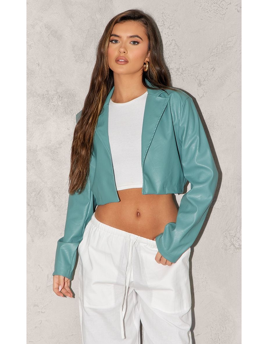 Sage Khaki Faux Leather Minimal Crop Blazer
