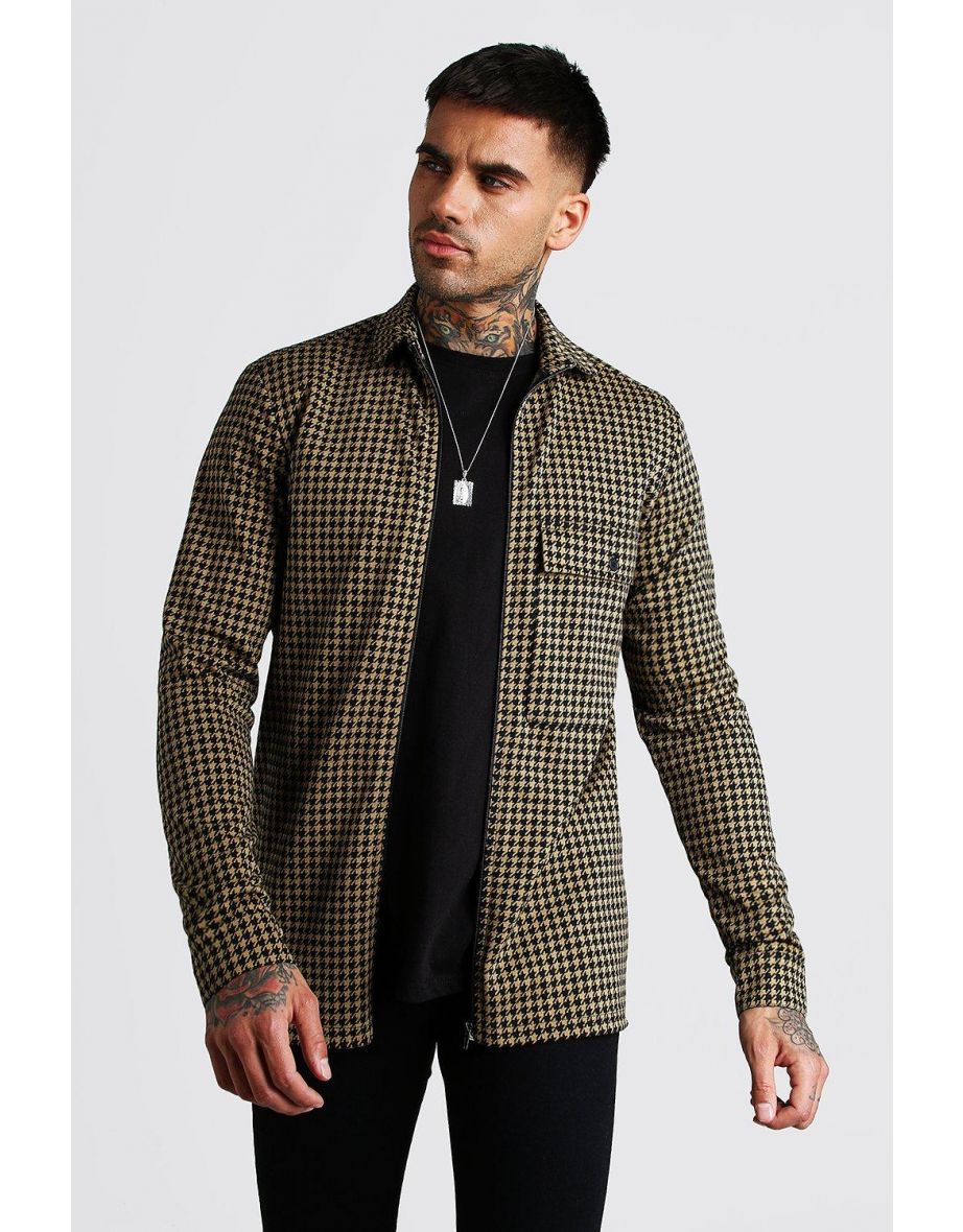 Dogtooth Jacquard Zip Through Overshirt - tan