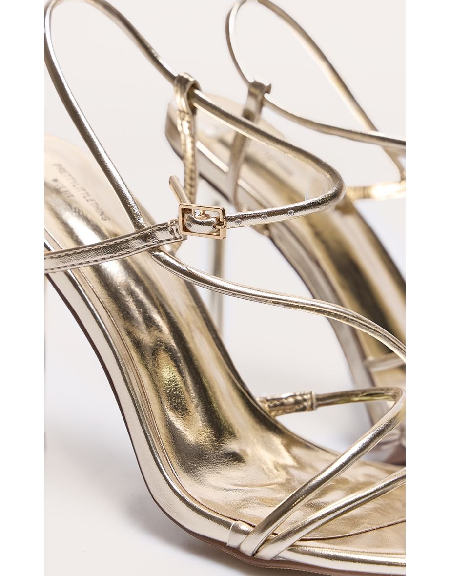 Gold Wide Fit Pu Strappy Asymmetric Buckle High Stiletto Heeled Sandals - 4