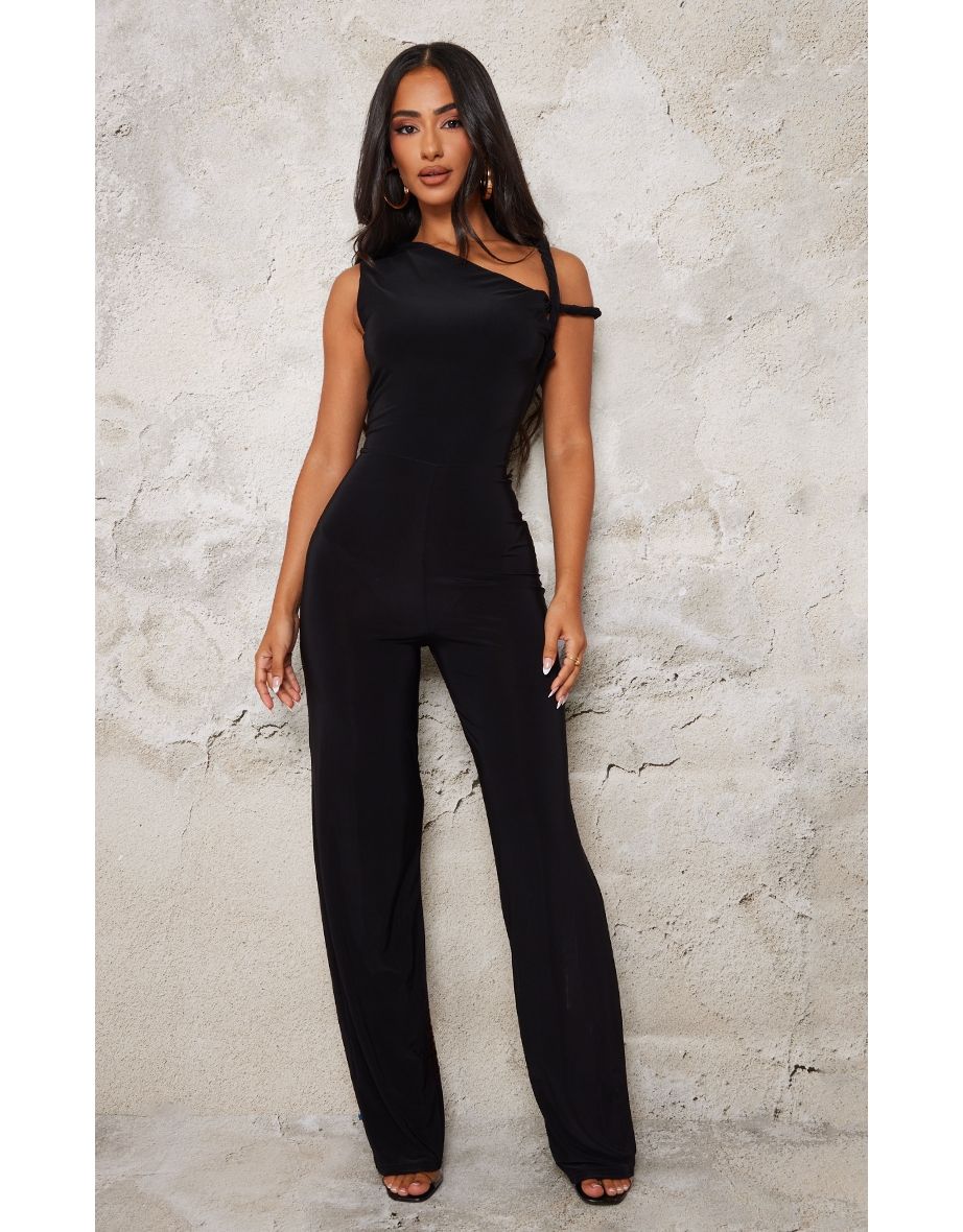 Petite Black Slinky Twist Shoulder Straight leg Jumpsuit